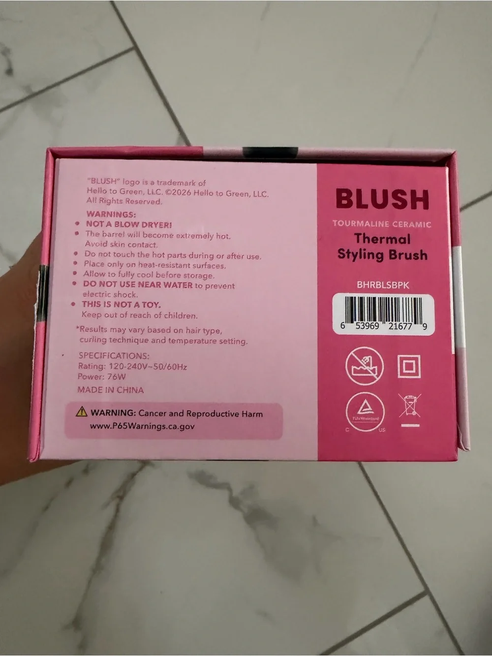 BLUSH Thermal Styling Brush 1.5” Tourmaline Ceramic 410°F Pink Black